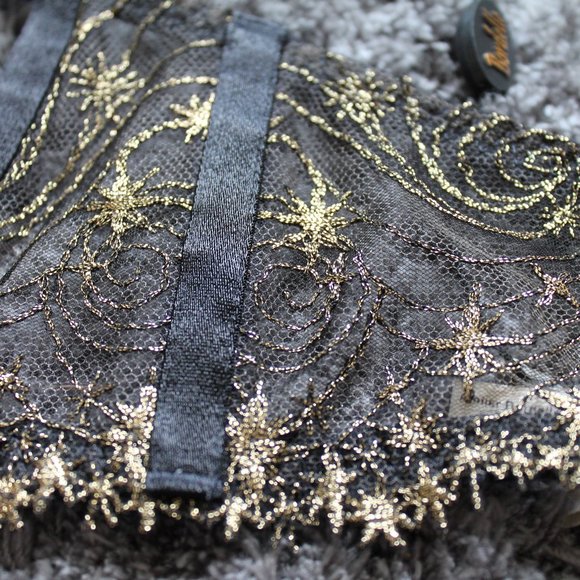 SOLD Bordelle Selene Open Ouvert Wire Bra Thong set Black Gold star embroidery - Picture 10 of 12